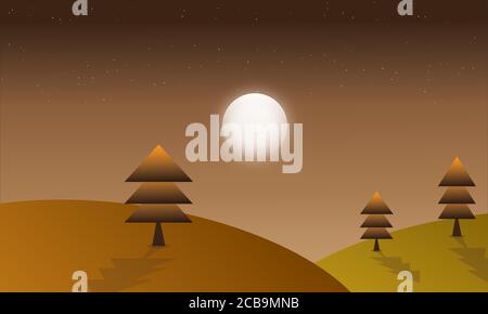 Beautiful night sky with many stars,trees and  wonderful moon  Illustration background Stock Vector