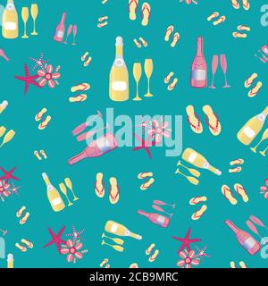 Flip flop shoe seamless vector pattern background. Luxurious pink,gold, aqua blue backdrop with sandals, Champagne bottles, fizzing glasses, starfish Stock Vector