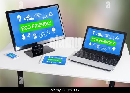 Eco friendly concept shown on different information technology devices Stock Photo