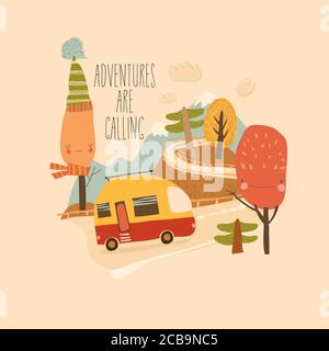 Little trailer driving on the mountain road Stock Vector