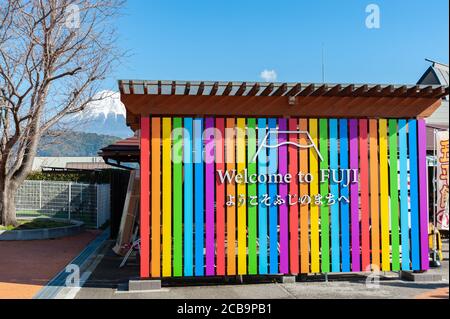 Fujikawa Rakuza, Fuji City, Shizuoka Prefecture, Japan - February 23, 2020: Multicolored panel of 'Welcome to FUJI' in Fujikawa Rakuza - Expressway. Stock Photo