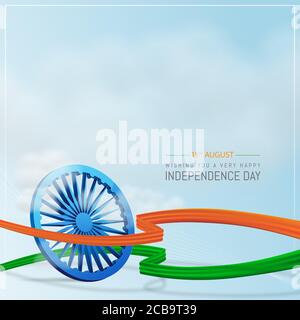 Indian Independence Day Background with Indian Tri colors Ribbons, 3D Ashoka wheel, National Indian Flag Tricolours wave on Cloudy Blue Background. Stock Vector