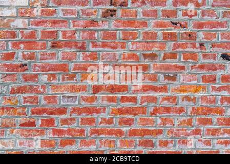 Renovated old red brick wall texture. Weathered, grungy red brick wall with peeling old white paint. Stock Photo