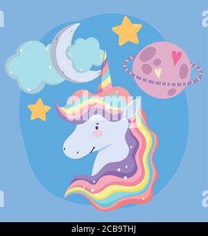 unicorn cartoon fantasy planet cloud moon stars dream vector illustration Stock Vector