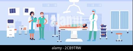 Traumatology surgery vector illustration. Cartoon flat medical care procedure for treating injury of woman patient character, lying on trauma surgery table. Hospital medicine healthcare background Stock Vector