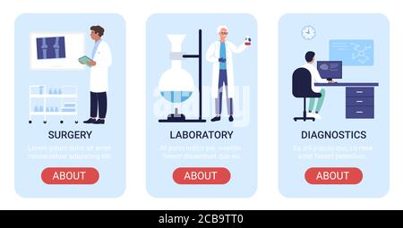 Hospital department vector illustration set. Cartoon flat vertical mobile app website banners, screen interface design with medical laboratory research, lab diagnostics, traumatology surgery medicine Stock Vector