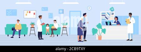 Hospital reception vector illustration. Cartoon flat patient characters waiting doctors appointment, older hospitalized woman and man come to receptionist desk. Healthcare medicine office background Stock Vector