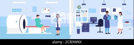 Mri scanner examination vector illustration. Cartoon flat medical scan hospital lab room with Mri machine, doctor characters exam patient, discuss diagnosis and treatment. Medicine research background Stock Vector