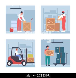 Warehouse loader work vector illustration set. Cartoon flat worker people working on loading boxes with hand trolley or forklift in wholesale storage stockroom, warehousing process isolated on white Stock Vector