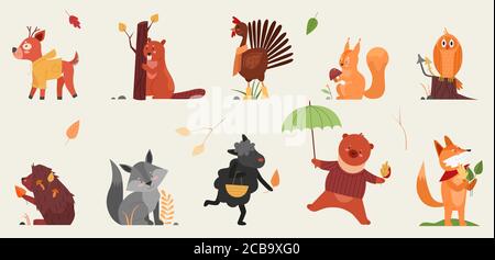 Cute animal in autumn vector illustration set. Cartoon hand drawn autumnal forest collection with funny animals holding symbols of fall season, deer beaver rooster hedgehog squirrel owl fox sheep bear Stock Vector