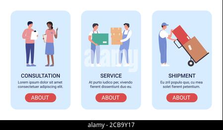 Warehouse workers vector illustration banner set. Cartoon flat mobile app for warehousing company website, screen interface design with man woman staff people working, loading boxes in storehouse Stock Vector