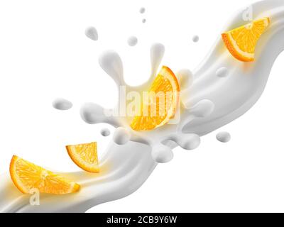 Oranges in cream splash, isolated on white background with clipping path. Stock Photo