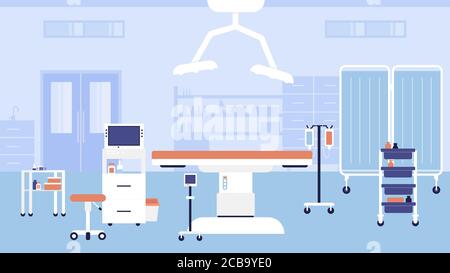 Hospital room interior vector illustration. Cartoon empty medic office hospital workplace for doctors appointment or consultation, modern clinic medical furniture, equipment, bed and table background Stock Vector