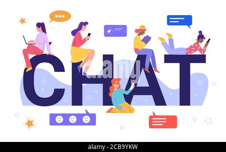 Chat concept. Woman chatting with friends online. Social networking, chat,  video, news, messages, search friends. Vector illustration. Flat. 4161230  Vector Art at Vecteezy