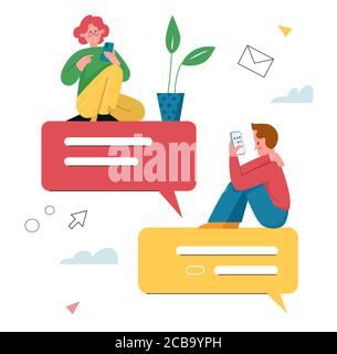 Chat messages vector illustration. Cartoon flat tiny young girl and boy characters chatting in cellphone, using mobile text messenger app on smartphone screen, online virtual dialog isolated on white Stock Vector