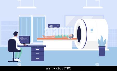 Hospital tomography exam vector illustration. Cartoon flat woman doctor character scanning, examining patient on diagnostic scanner tomograph Mri machine in medical laboratory scan room background Stock Vector