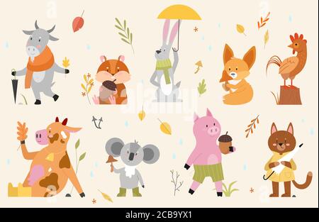 Autumn animals vector illustration set. Cartoon hand drawn autumnal woodland collection with cute animal characters enjoying fall season in forest, funny cow goat rooster fox hamster pig cat hare Stock Vector