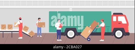 Warehouse loading process vector illustration. Cartoon flat worker people packaging goods into boxes for transportation by truck in storehouse stock room interior of warehousing company background Stock Vector