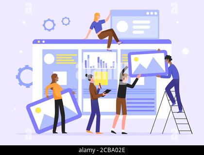 Teamwork develop social media content vector illustration. Cartoon flat tiny developer designer people team working on creative webpage, news portal or information website. Web development background Stock Vector