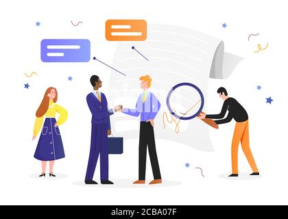 Business agreement vector illustration. Cartoon flat happy businessman on meeting with partner, business people shaking hands with agreed contract document, handshake partnership isolated on white Stock Vector