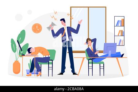 Lazy business people vector illustration. Cartoon flat businessman character tired from routine office work, lazy employee sleeping at desk next to angry quarreling director manager isolated on white Stock Vector