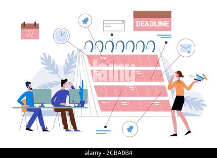 Deadline in work vector illustration. Cartoon flat business people organize workflow, plan deadline on reminder planner calendar, effective time management, multitasking concept isolated on white Stock Vector