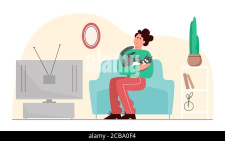People time with pet cat vector illustration. Cartoon flat happy man owner character sitting on sofa in home living room, watching tv, spending fun time with own animal, cat friend isolated on white Stock Vector