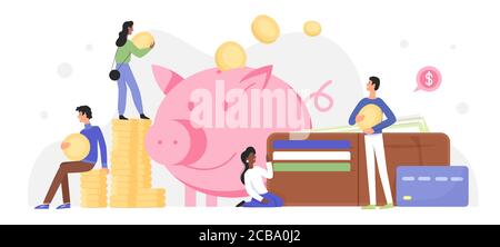 People invest money in piggy bank vector illustration. Cartoon flat tiny characters investing golden coins and banknotes in happy pig moneybox, success business investment concept isolated on white Stock Vector