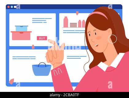 People shopping online vector illustration. Cartoon flat woman buyer character buying in online store, choosing goods in web site product catalog, using shop application, internet shopping background Stock Vector