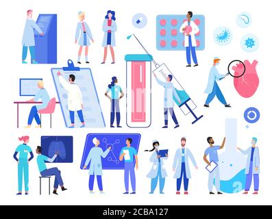 Doctor medic people work vector illustration set. Cartoon flat hospital worker staff characters working in clinic, tiny researcher scientists researching in science medicine laboratory collection Stock Vector