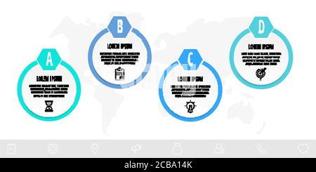 Infographics circles with 4 steps, icons. Flat line vector template. Can be used for four business, web, banner, workflow layout, flowchart, info grap Stock Vector