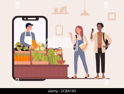 Buy food in online farm market shop vector illustration. Cartoon flat happy characters shopping, people buying organic vegetables and fruits, using smartphone app farmers store advertising background Stock Vector