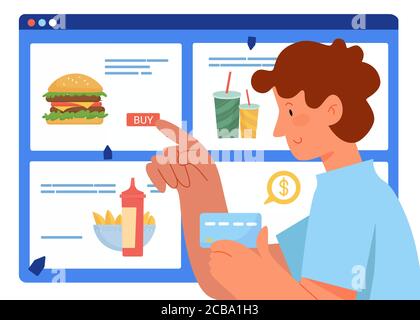 People buy online vector illustration. Cartoon flat man buyer character holding payment card in hand, ordering and buying fastfood in online grocery store or pizzeria, food delivery service background Stock Vector