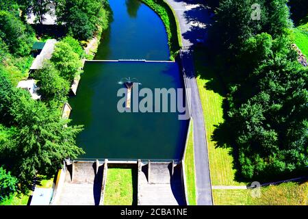 view down from the dam wall of Oleftalsperre, Eifel, Germany Stock Photo