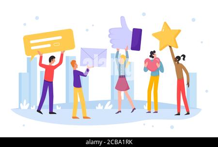 People rate online vector illustration. Cartoon flat customer characters leave positive recommend feedback, rating stars, good reviews, comments or likes in social media concept isolated on white Stock Vector
