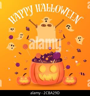 Little ghost and black boy jump on the pumpkin with pile of candy. Halloween vector illustration. Stock Vector