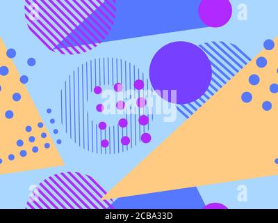 Geometric seamless pattern in style of the 80s. Geometric shapes triangles, squares, circles abstract composition. Background for promotional products Stock Vector