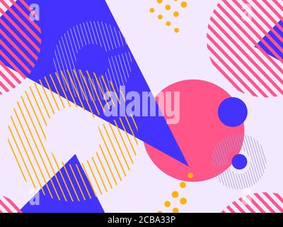 Geometric seamless pattern in style of the 80s. Geometric shapes triangles, squares, circles abstract composition. Background for promotional products Stock Vector