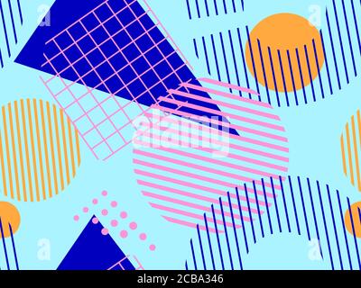 Geometric seamless pattern in style of the 80s. Geometric shapes triangles, squares, circles abstract composition. Background for promotional products Stock Vector