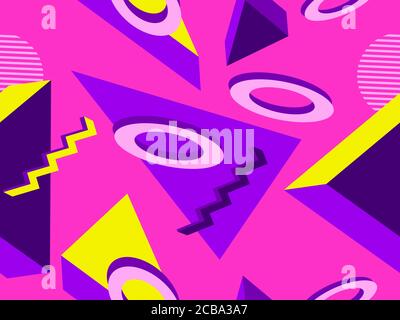 3d geometric seamless pattern in style of the 80s. 3d isometric triangles, squares and circles. Background for promotional products, wrapping paper an Stock Vector