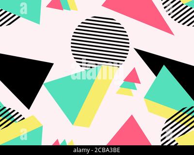3d geometric seamless pattern in style of the 80s. 3d isometric triangles, squares and circles. Background for promotional products, wrapping paper an Stock Vector
