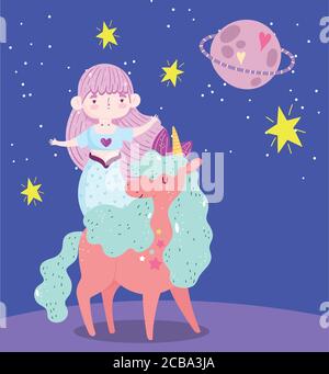 unicorn and mermaid saturn planet stars dream cartoon vector illustration Stock Vector