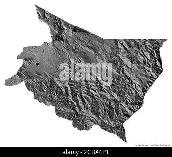 Shape of Cartago, province of Costa Rica, with its capital isolated on white background. Bilevel elevation map. 3D rendering Stock Photo