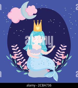 cute little mermaid sitting on rock with foliage moon cloud cartoon vector illustration Stock Vector