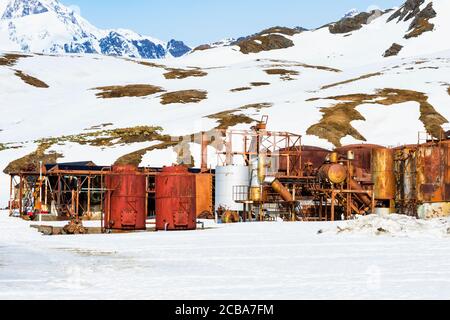 Rusted old metallic tanks and machinery, Former Grytviken whaling station, King Edward Cove, South Georgia, South Georgia and the Sandwich Islands, An Stock Photo
