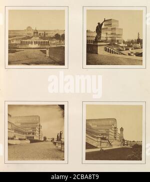 [Exterior View of Facade and Fountains; Exterior View of Side Pavilion; Exterior Side View of Central Transept; Exterior Side View of Central Trancept with Reclining Figure in Foreground], ca. 1859. Stock Photo