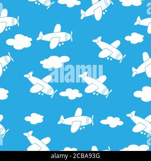 Vector seamless pattern with cartoon planes and clouds for texture, textiles and simple backgrounds. Stock Vector