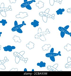 Vector seamless pattern with cartoon planes and clouds for texture, textiles and simple backgrounds. Stock Vector