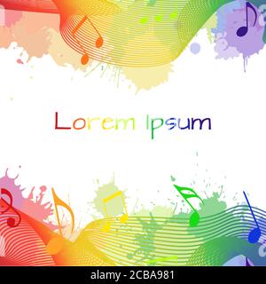 Illustration with rainbow musical notes and watercolor splashes for your design Stock Vector