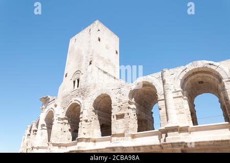 The Arles Amphitheatre is a Roman amphitheater in the southern French town of Arles Stock Photo